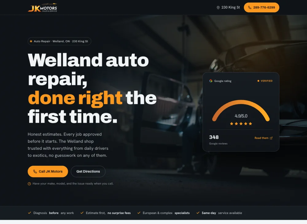 JK Motors concept website, with repair services and a call-first layout.