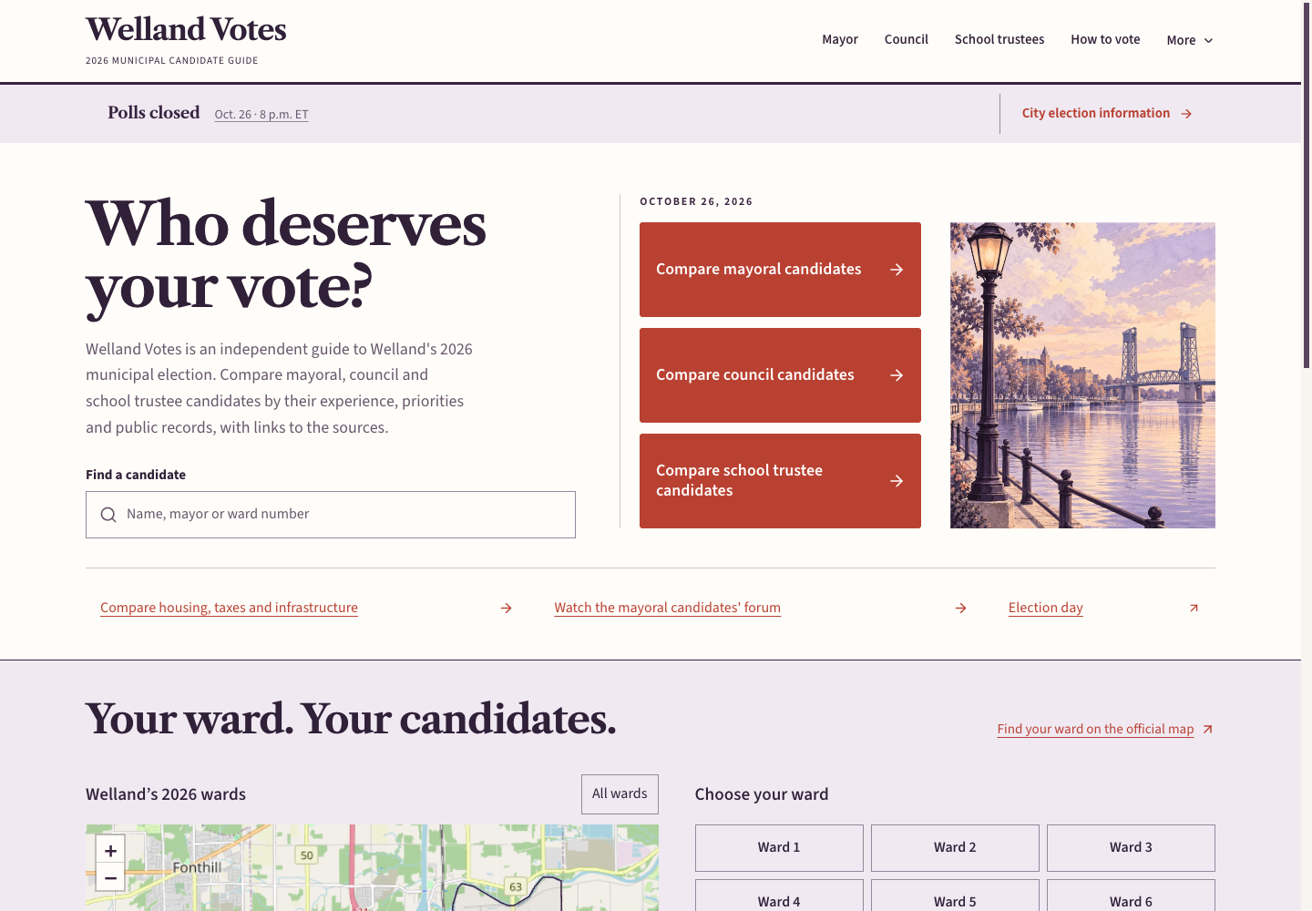 Welland Votes election guide, with candidate comparisons and an interactive ward map.